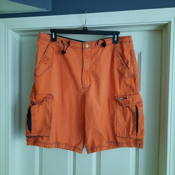 Vtg Tommy Hilfiger Cargo Shorts‎ Mens XL Orange Y2K 90s Paratrooper Skater Rave - Picture 1 of 13